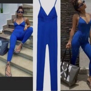 Zara Royal cobalt blue spaghetti strap V-neck long jumpsuit bodysuit Sz M NWOT